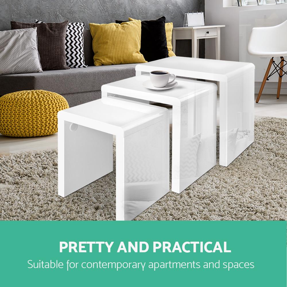 Artiss Set of 3 Nesting Tables in glossy white finish, showcasing three different sizes for versatile use in modern interiors.