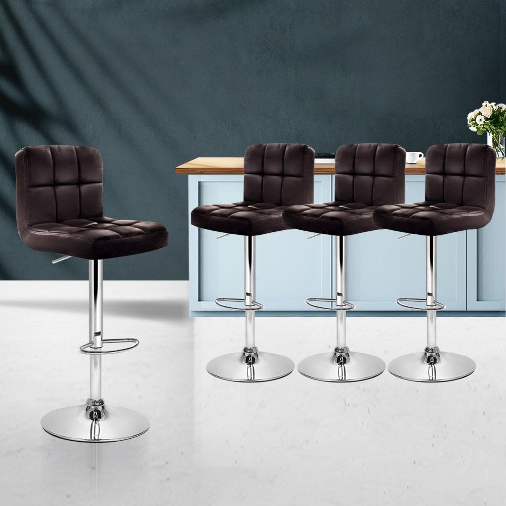 Artiss Set of 4 Bar Stools in chocolate brown with gas lift swivel and chrome finish, featuring ergonomic design and thick padding.