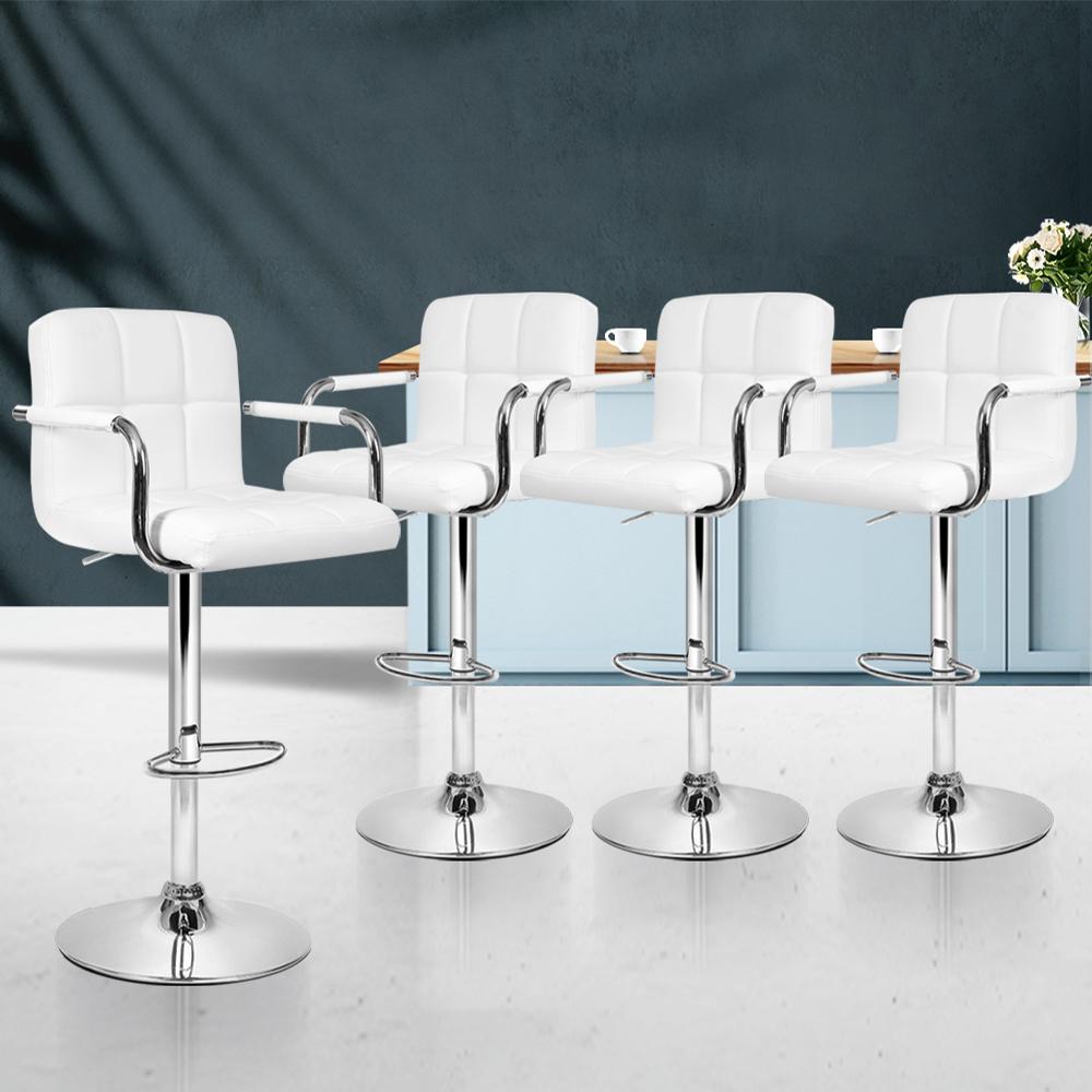 Artiss Set of 4 Bar Stools in white faux leather with chrome base, featuring gas lift swivel and ergonomic design.