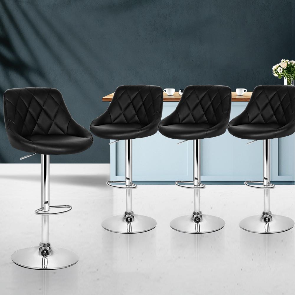 Artiss Set of 4 Black Bar Stools with Diamond Pattern and Chrome Base, featuring PU leather upholstery and a comfortable design.