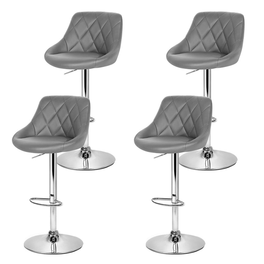 Artiss Set of 4 Bar Stools in grey PU leather with diamond pattern, featuring chrome base and footrest.