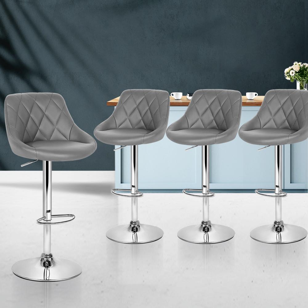 Artiss Set of 4 Bar Stools in grey PU leather with diamond pattern, featuring chrome base and footrest.