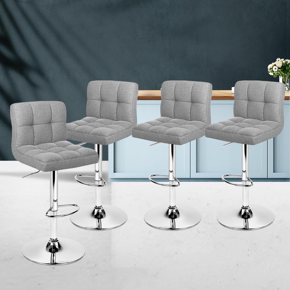 Artiss Set of 4 Grey Fabric Swivel Bar Stools with chrome base and padded seats, perfect for modern interiors.