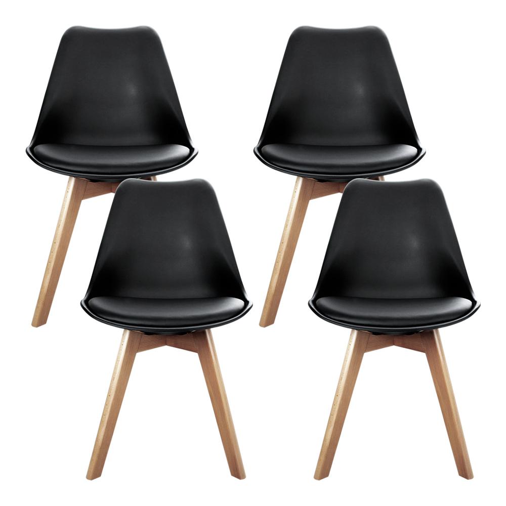 Artiss Set of 4 Padded Dining Chairs in Black featuring PU leather seats and beech wooden legs, designed for modern dining spaces.