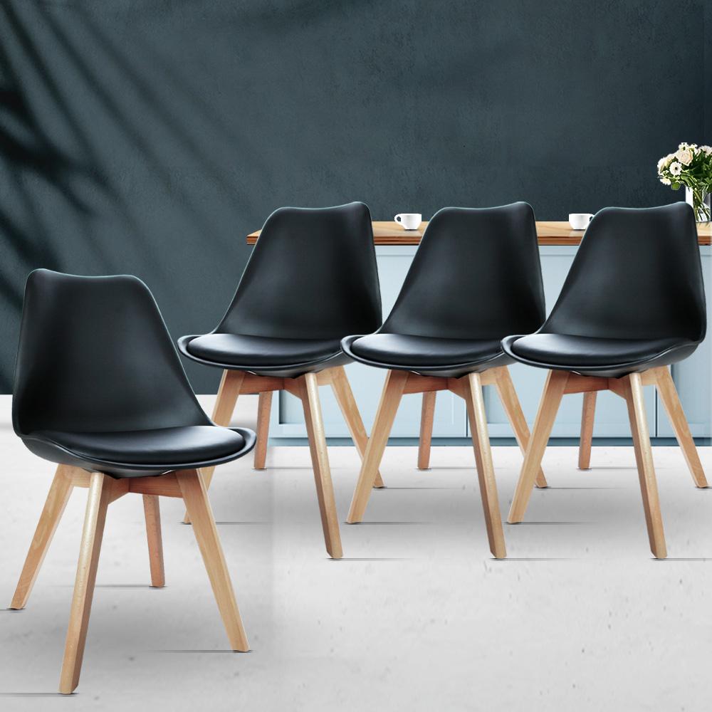 Artiss Set of 4 Padded Dining Chairs in Black featuring PU leather seats and beech wooden legs, designed for modern dining spaces.