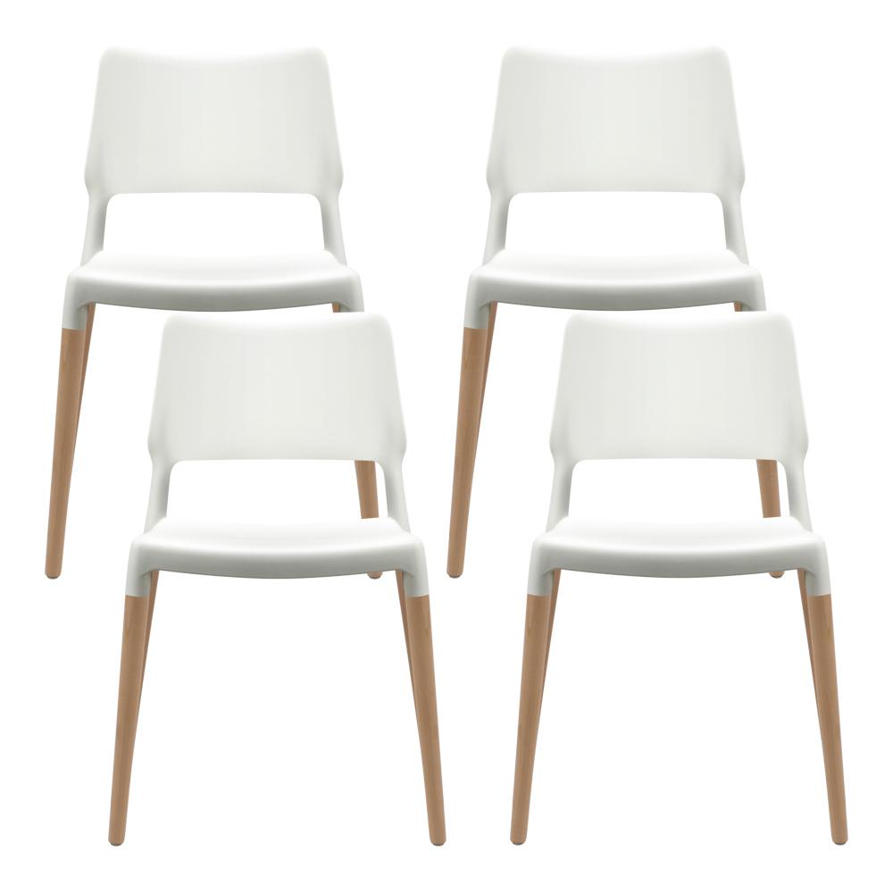 Artiss Set of 4 Wooden Stackable Dining Chairs in White with solid beech wood legs and comfortable PP seats.