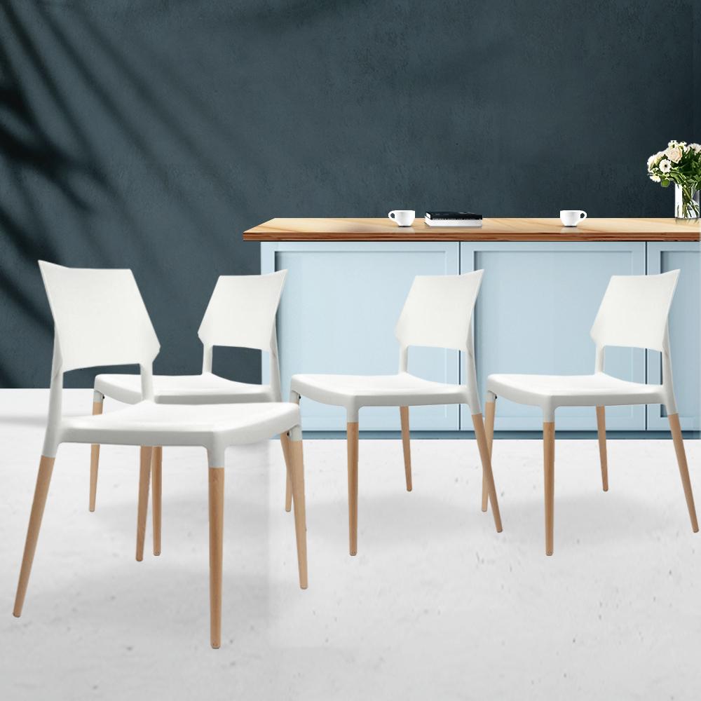 Artiss Set of 4 Wooden Stackable Dining Chairs in White with solid beech wood legs and comfortable PP seats.