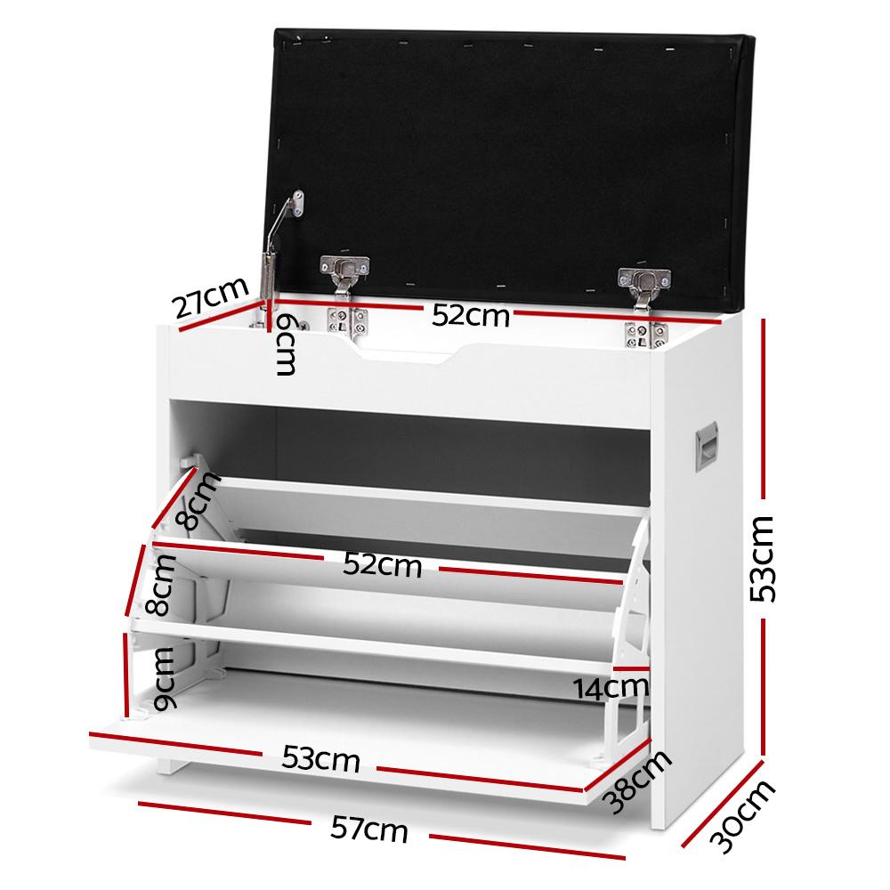 Artiss Shoe Cabinet Bench in white with PU leather top, showcasing adjustable shelves for shoe storage.