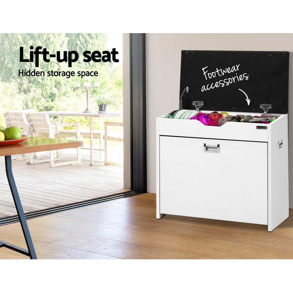 Artiss Shoe Cabinet Bench in white with PU leather top, showcasing adjustable shelves for shoe storage.