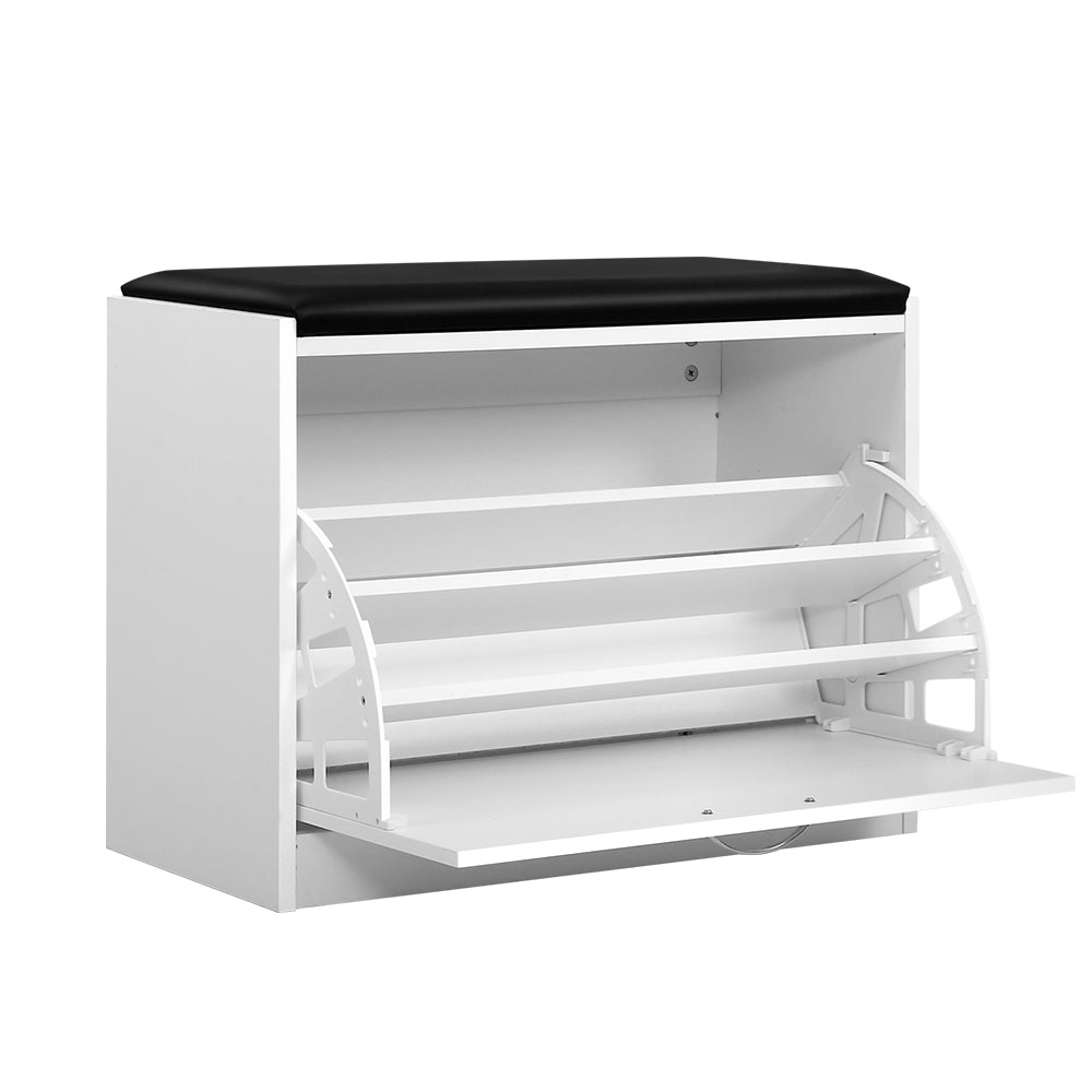 Artiss Shoe Cabinet Bench in white with PU leather seat, showcasing three tiers of adjustable shoe shelves for organized storage.