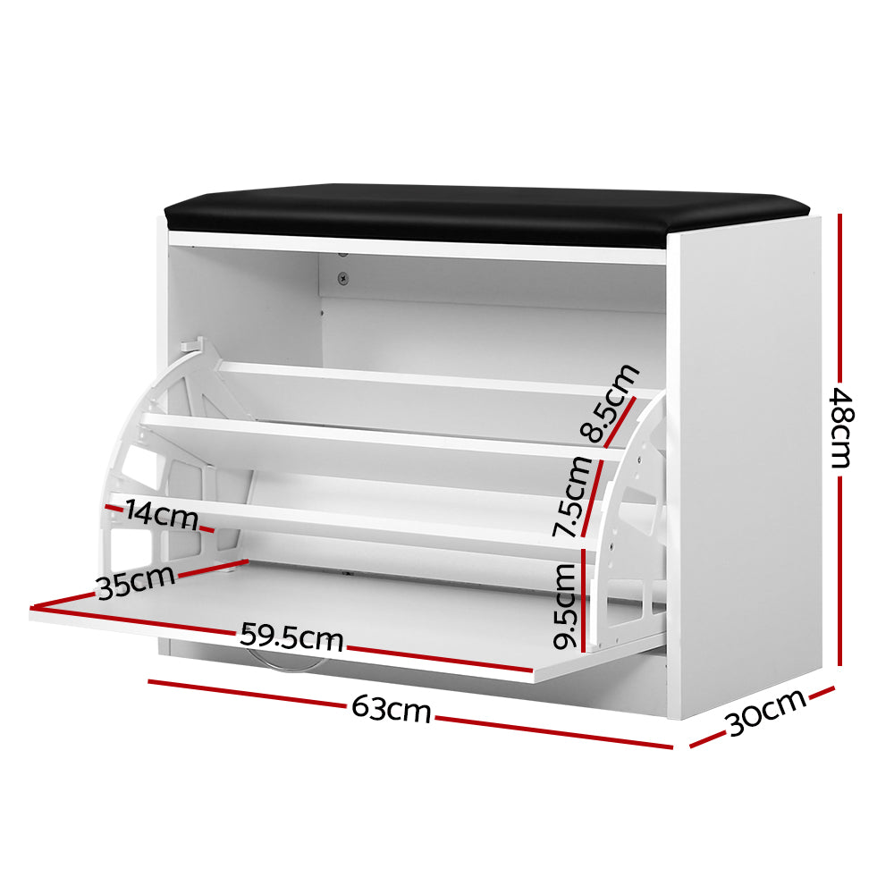 Artiss Shoe Cabinet Bench in white with PU leather seat, showcasing three tiers of adjustable shoe shelves for organized storage.