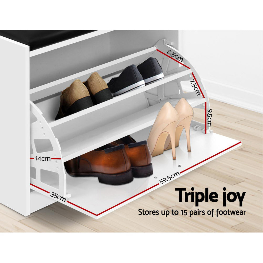 Artiss Shoe Cabinet Bench in white with PU leather seat, showcasing three tiers of adjustable shoe shelves for organized storage.