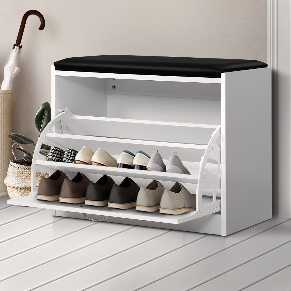 Artiss Shoe Cabinet Bench in white with PU leather seat, showcasing three tiers of adjustable shoe shelves for organized storage.