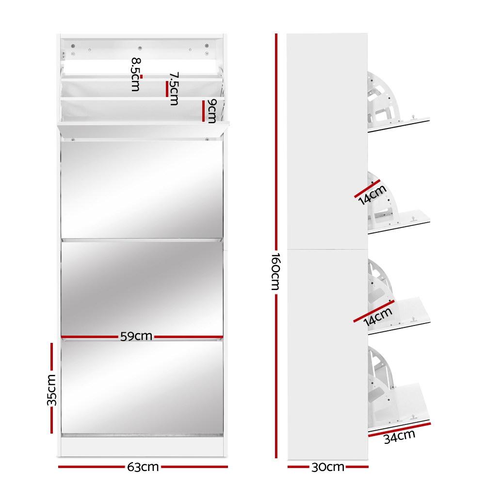 Artiss Shoe Cabinet Mirror showcasing a sleek white design with full-length mirror and multiple shoe storage compartments.