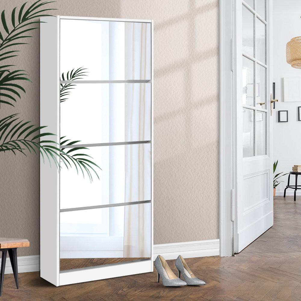 Artiss Shoe Cabinet Mirror showcasing a sleek white design with full-length mirror and multiple shoe storage compartments.