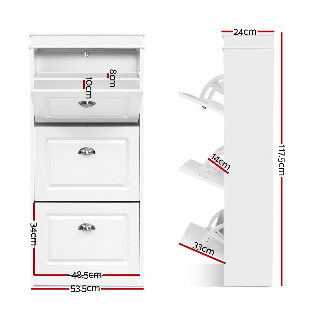 Artiss Shoe Cabinet in white, featuring three pull-down compartments and adjustable shelves for shoe storage.