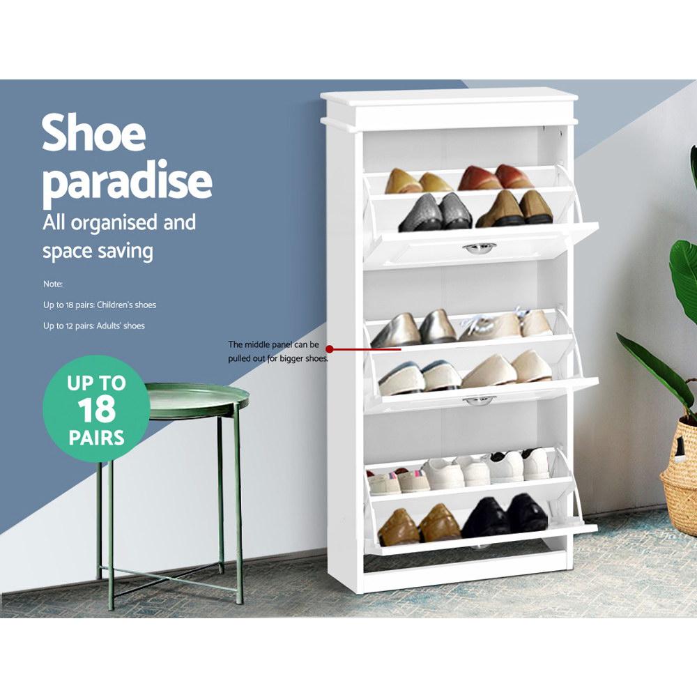 Artiss Shoe Cabinet in white, featuring three pull-down compartments and adjustable shelves for shoe storage.