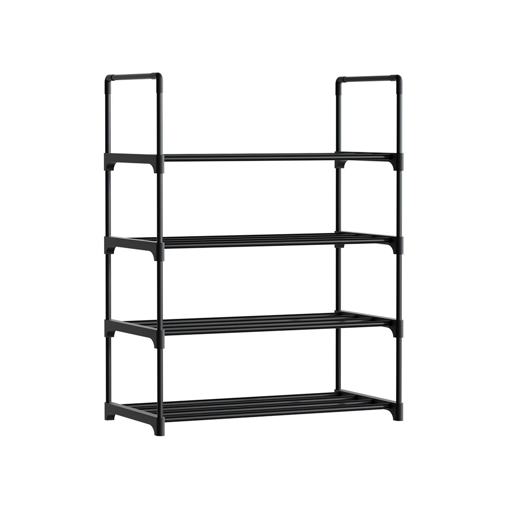 Artiss Shoe Rack with 4 stackable tiers, showcasing a sleek black design and sturdy metal construction, ideal for organizing various types of footwear.