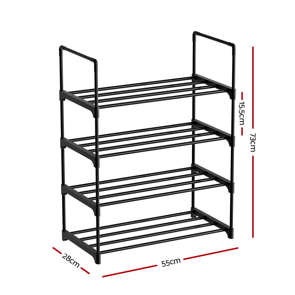 Artiss Shoe Rack with 4 stackable tiers, showcasing a sleek black design and sturdy metal construction, ideal for organizing various types of footwear.