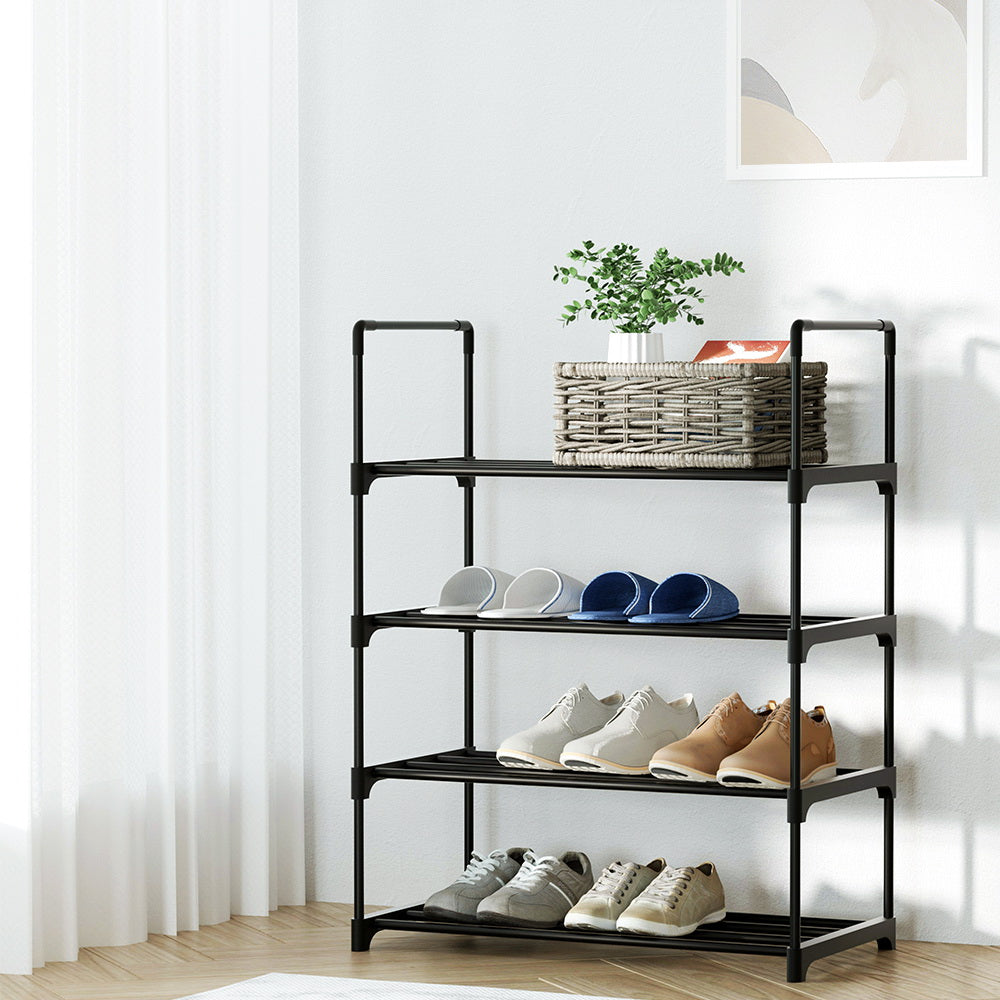 Artiss Shoe Rack with 4 stackable tiers, showcasing a sleek black design and sturdy metal construction, ideal for organizing various types of footwear.