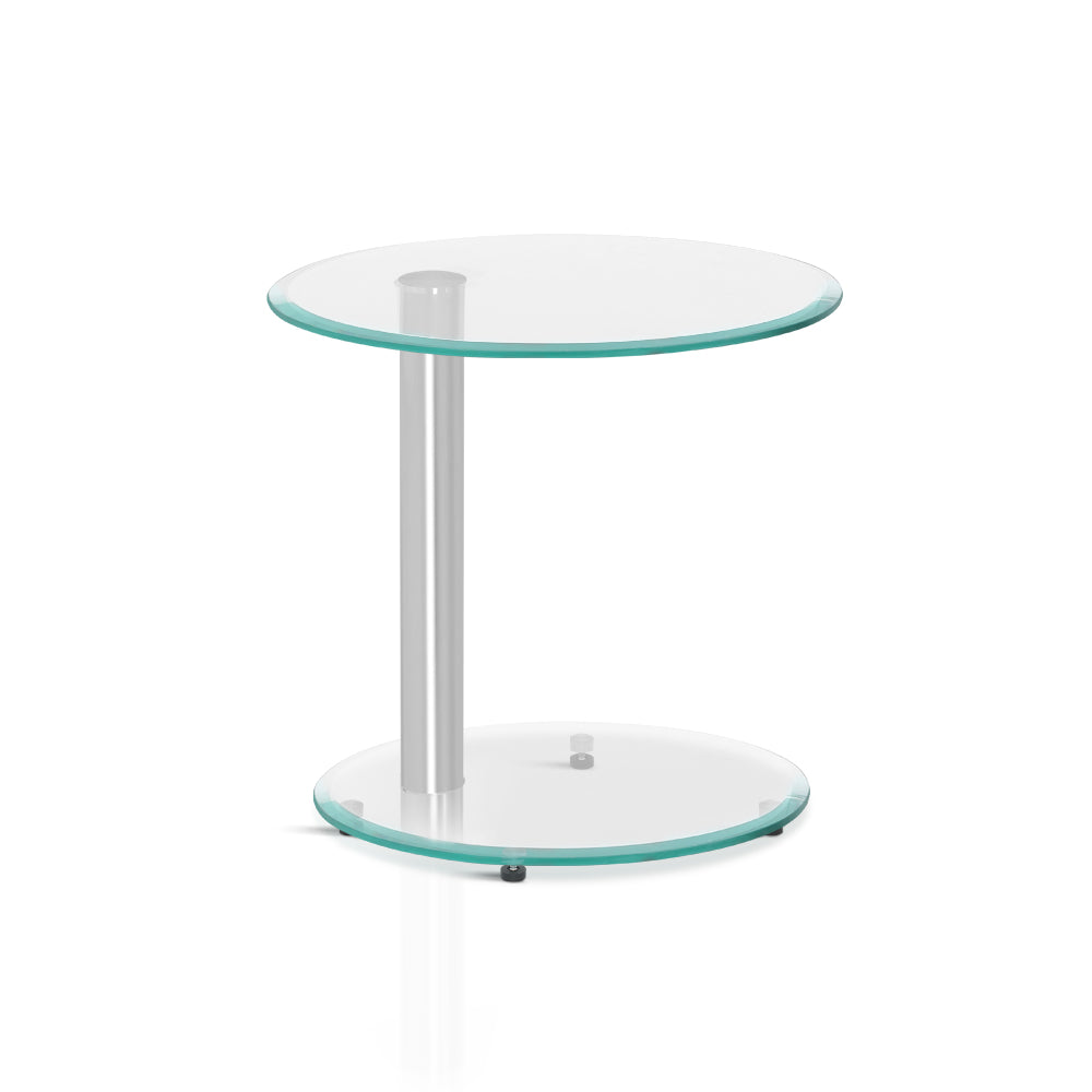 Artiss Side Coffee Table featuring an oval tempered glass top and sturdy aluminum tubular stand, elegantly designed for modern interiors.