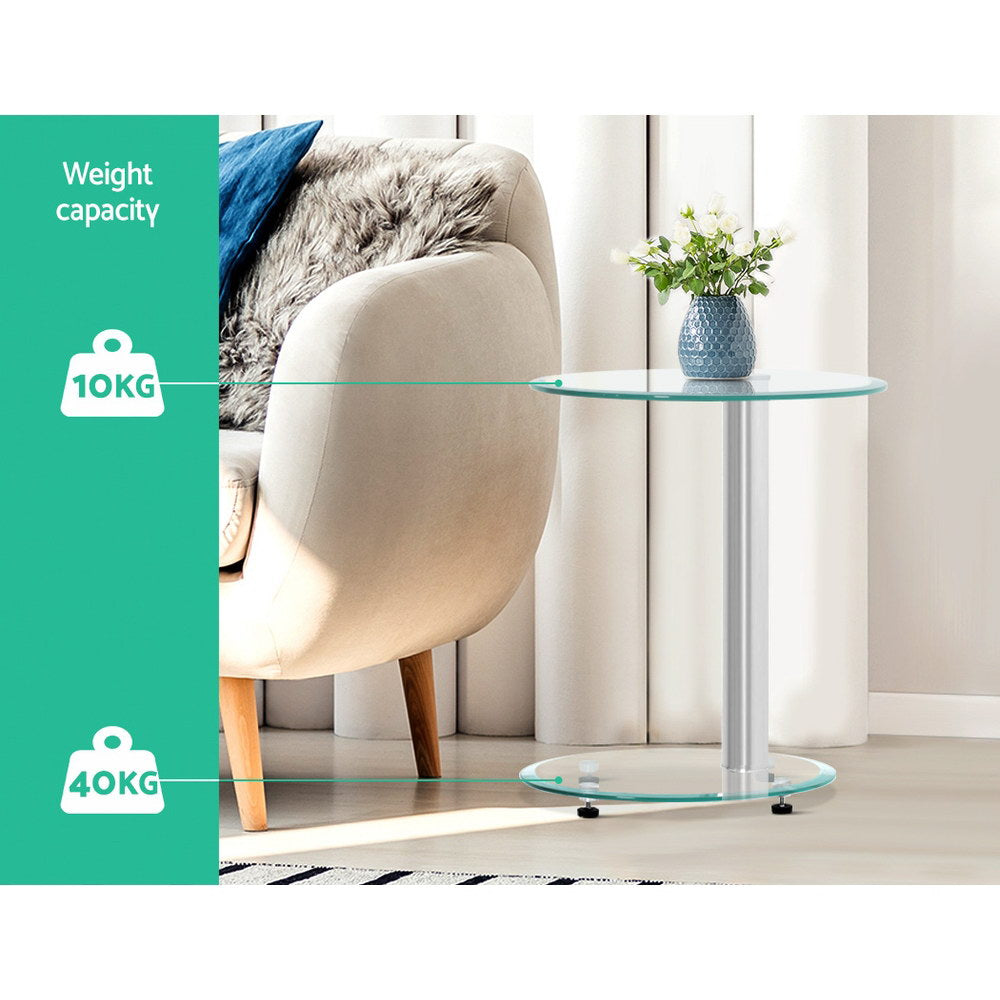 Artiss Side Coffee Table featuring an oval tempered glass top and sturdy aluminum tubular stand, elegantly designed for modern interiors.