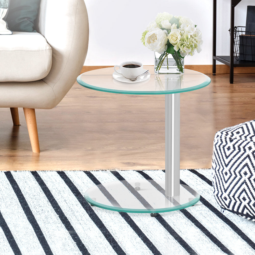 Artiss Side Coffee Table featuring an oval tempered glass top and sturdy aluminum tubular stand, elegantly designed for modern interiors.