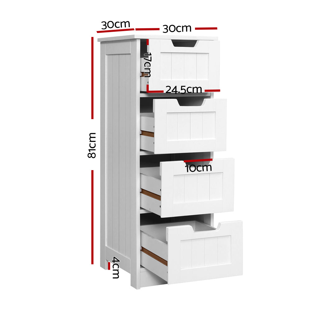 Artiss Storage Cabinet featuring a white finish, four drawers, and a rustic design suitable for various home settings.