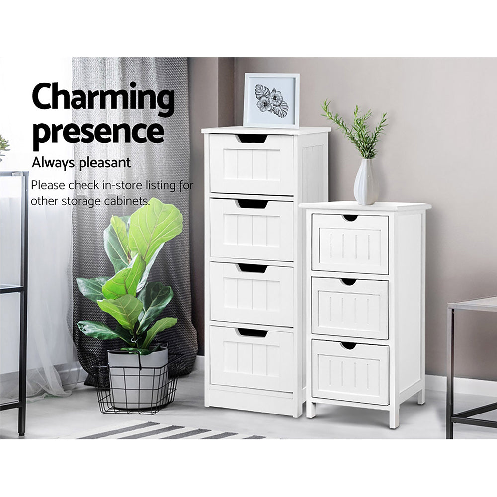 Artiss Storage Cabinet featuring a white finish, four drawers, and a rustic design suitable for various home settings.