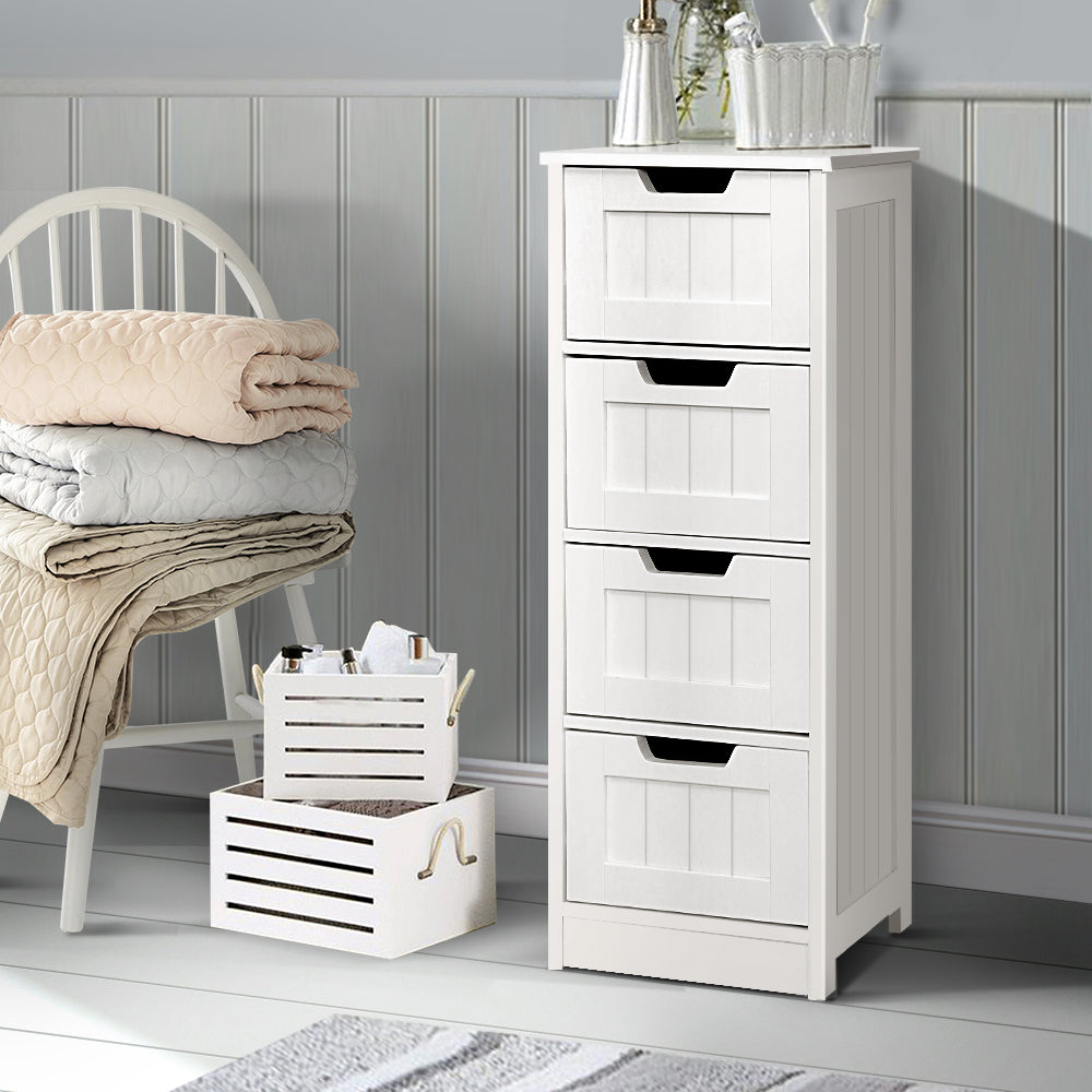 Artiss Storage Cabinet featuring a white finish, four drawers, and a rustic design suitable for various home settings.