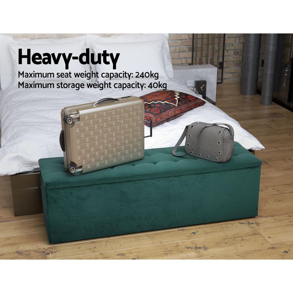 Artiss Storage Ottoman in green velvet, featuring tufted seat and lift-up lid for storage.