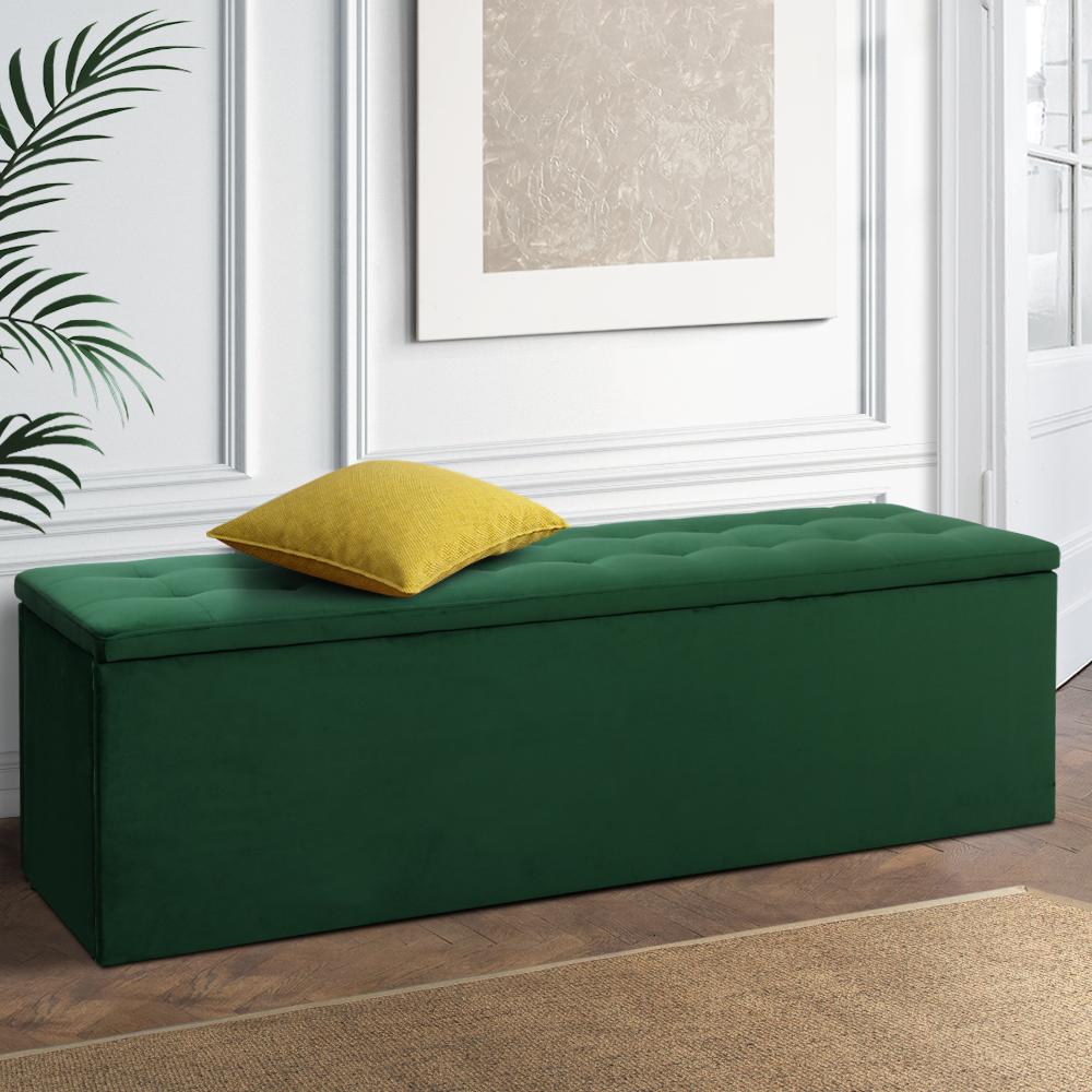 Artiss Storage Ottoman in green velvet, featuring tufted seat and lift-up lid for storage.