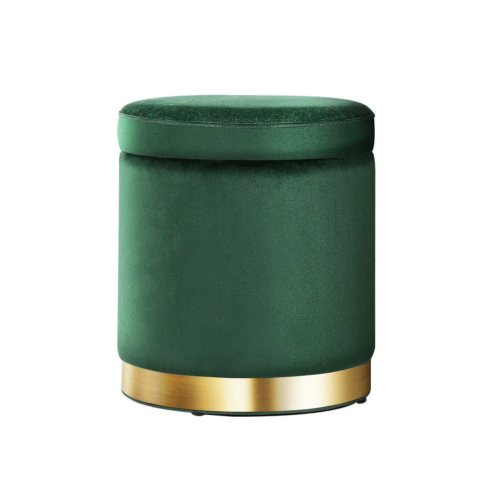 Artiss Storage Ottoman Foot Stool in green velvet with tufted design and gold stainless-steel ring, showcasing its elegant and functional features.