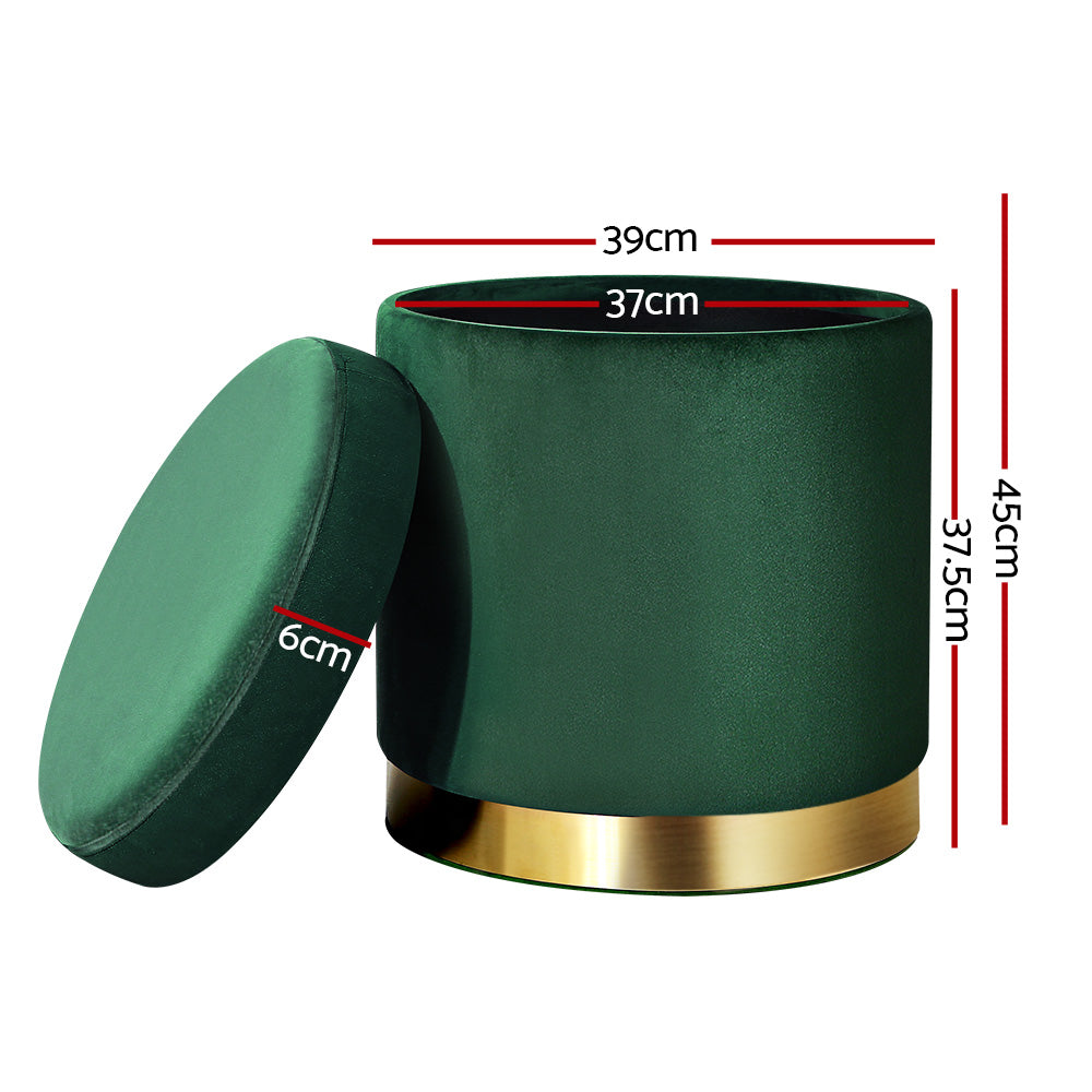 Artiss Storage Ottoman Foot Stool in green velvet with tufted design and gold stainless-steel ring, showcasing its elegant and functional features.