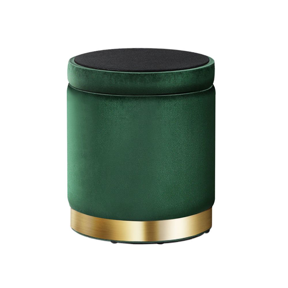 Artiss Storage Ottoman Foot Stool in green velvet with tufted design and gold stainless-steel ring, showcasing its elegant and functional features.