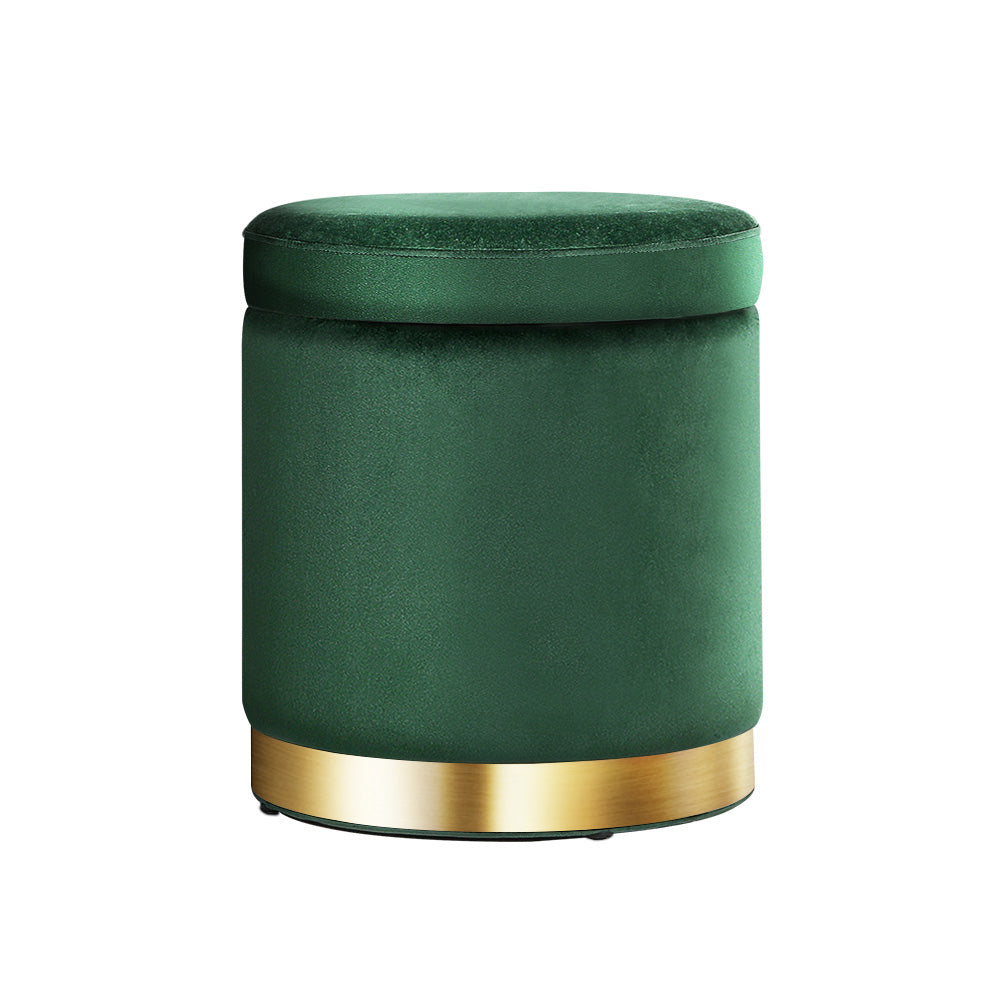 Artiss Storage Ottoman Foot Stool in green velvet with tufted design and gold stainless-steel ring, showcasing its elegant and functional features.