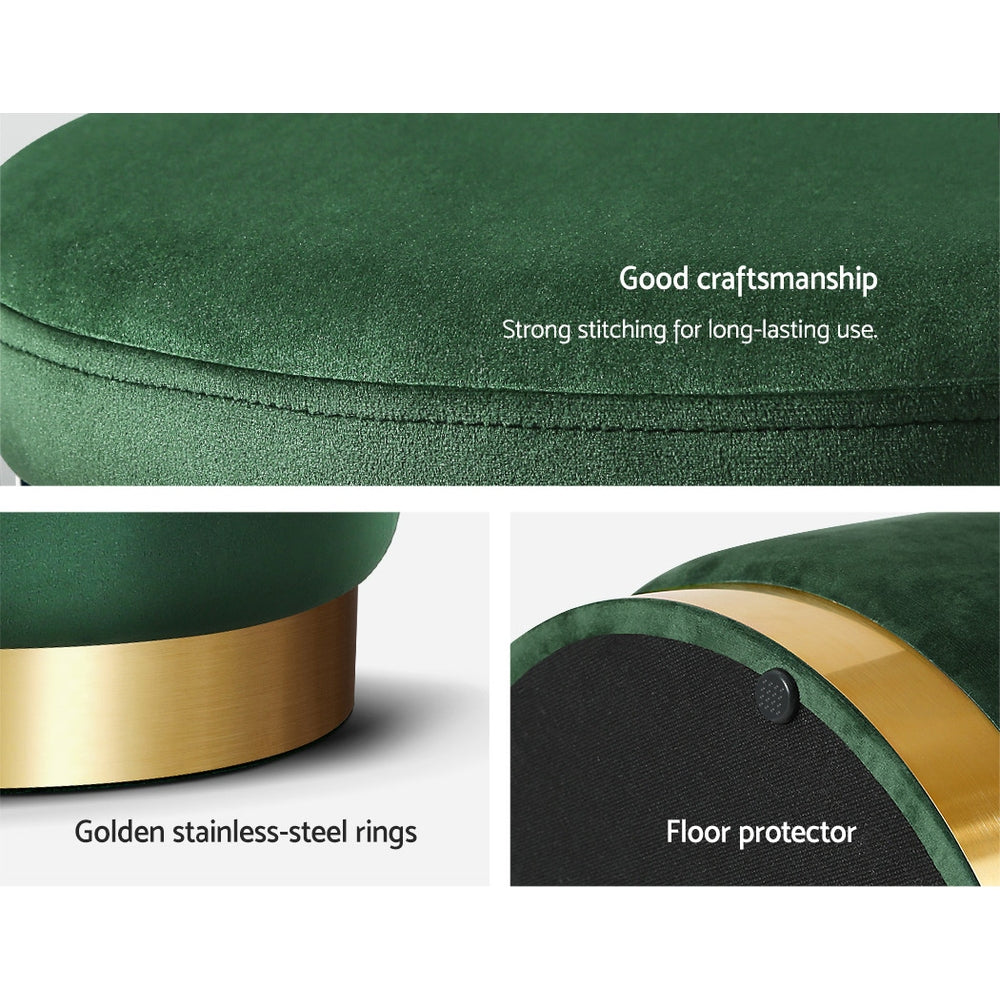 Artiss Storage Ottoman Foot Stool in green velvet with tufted design and gold stainless-steel ring, showcasing its elegant and functional features.