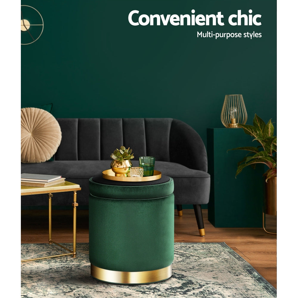 Artiss Storage Ottoman Foot Stool in green velvet with tufted design and gold stainless-steel ring, showcasing its elegant and functional features.