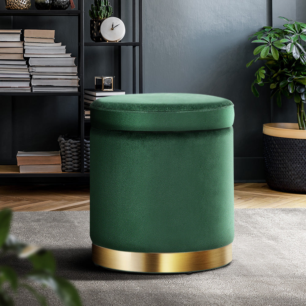 Artiss Storage Ottoman Foot Stool in green velvet with tufted design and gold stainless-steel ring, showcasing its elegant and functional features.