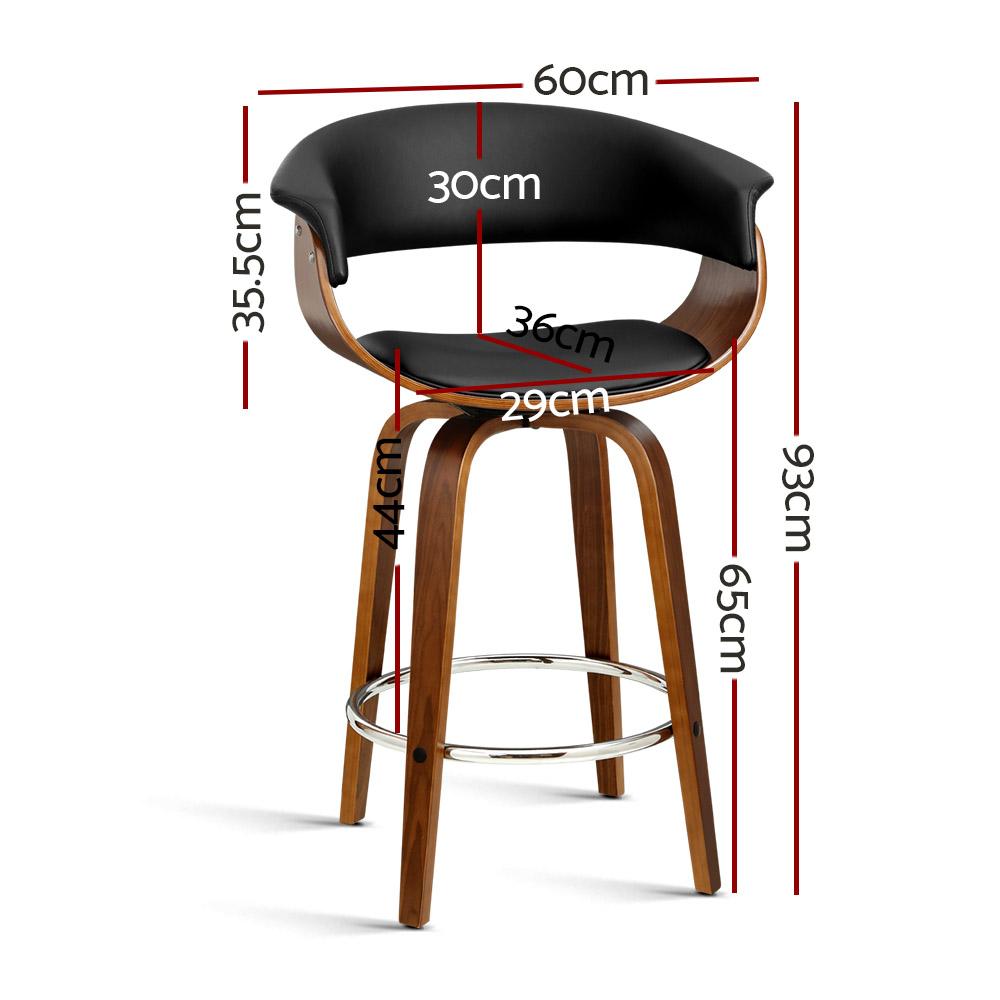 Artiss Swivel PU Leather Bar Stool featuring a walnut wood frame and black padded seat, designed for comfort and style.