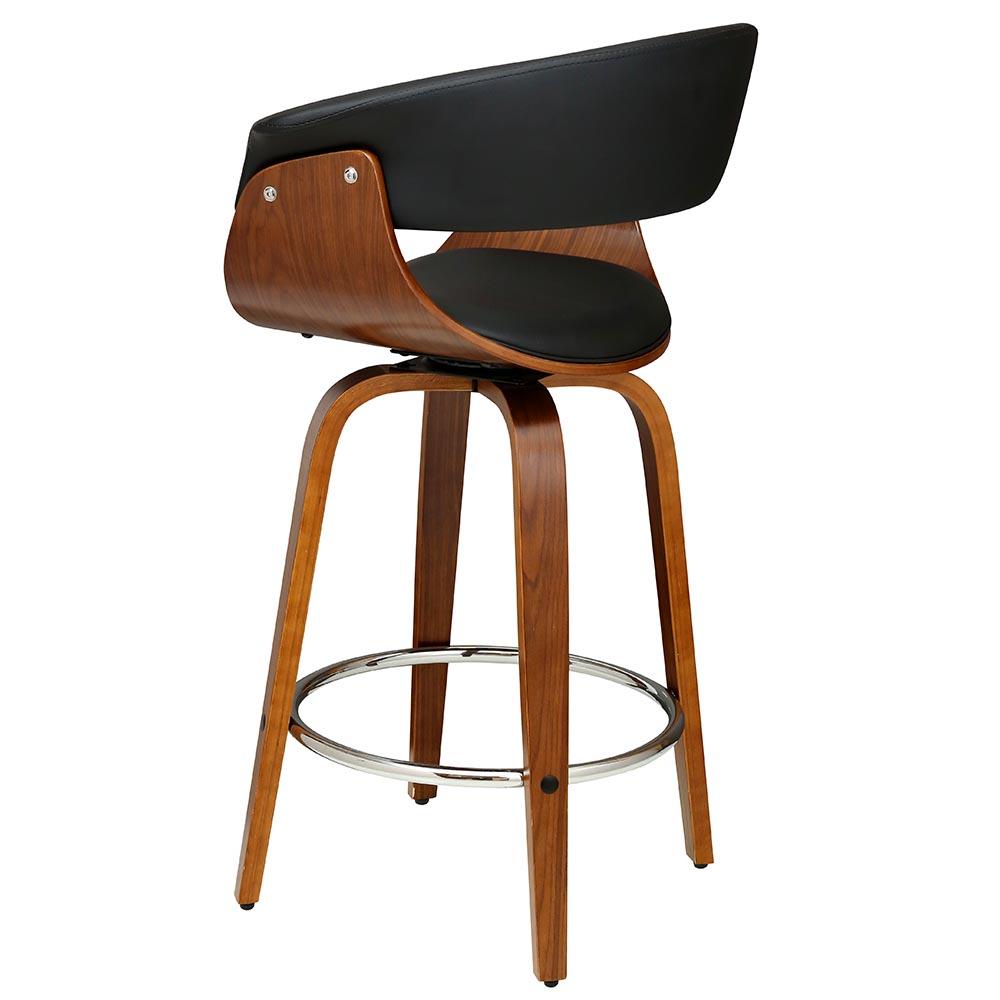 Artiss Swivel PU Leather Bar Stool featuring a walnut wood frame and black padded seat, designed for comfort and style.