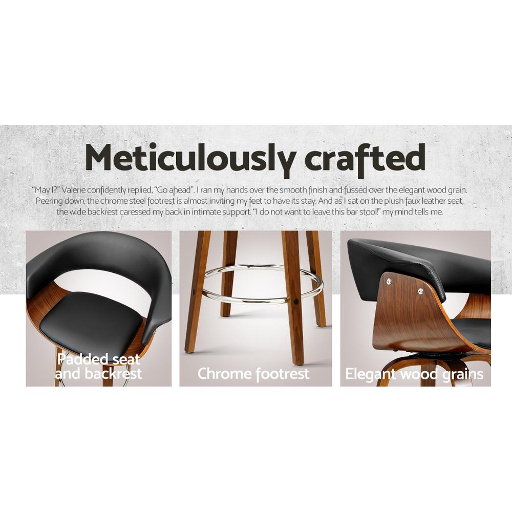 Artiss Swivel PU Leather Bar Stool featuring a walnut wood frame and black padded seat, designed for comfort and style.