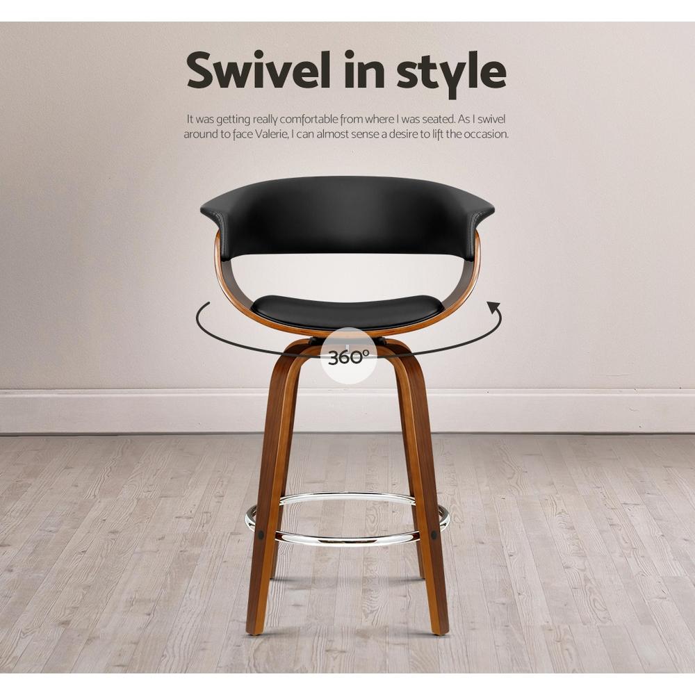 Artiss Swivel PU Leather Bar Stool featuring a walnut wood frame and black padded seat, designed for comfort and style.