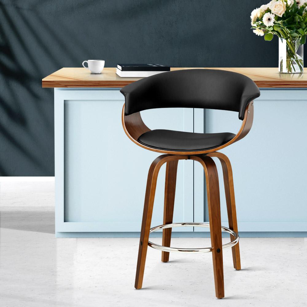 Artiss Swivel PU Leather Bar Stool featuring a walnut wood frame and black padded seat, designed for comfort and style.