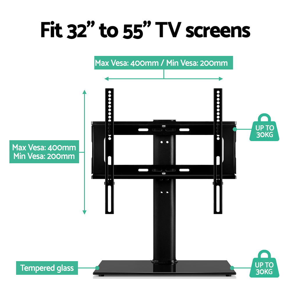 Artiss Table Top TV Swivel Mounted Stand with a tempered glass base and solid metal frame, designed for 32" to 55" TVs.