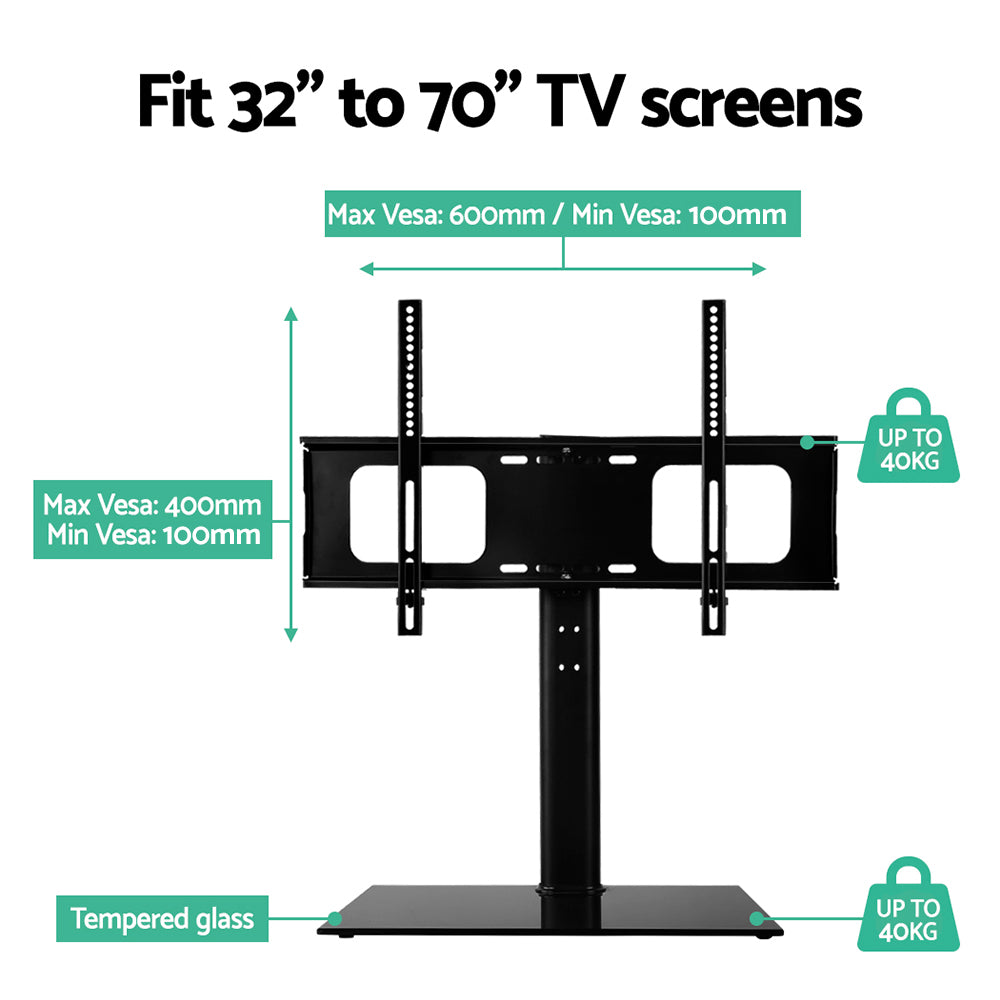 Artiss Table Top TV Swivel Mounted Stand with a sleek black finish and tempered glass base, designed for TVs from 32 to 70 inches.