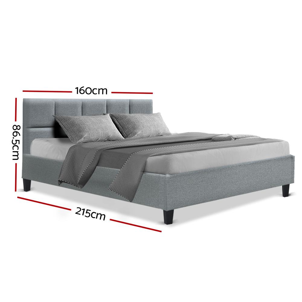 Artiss Tino Queen Size Bed Frame in Grey Fabric with plush headboard and solid wooden slats.