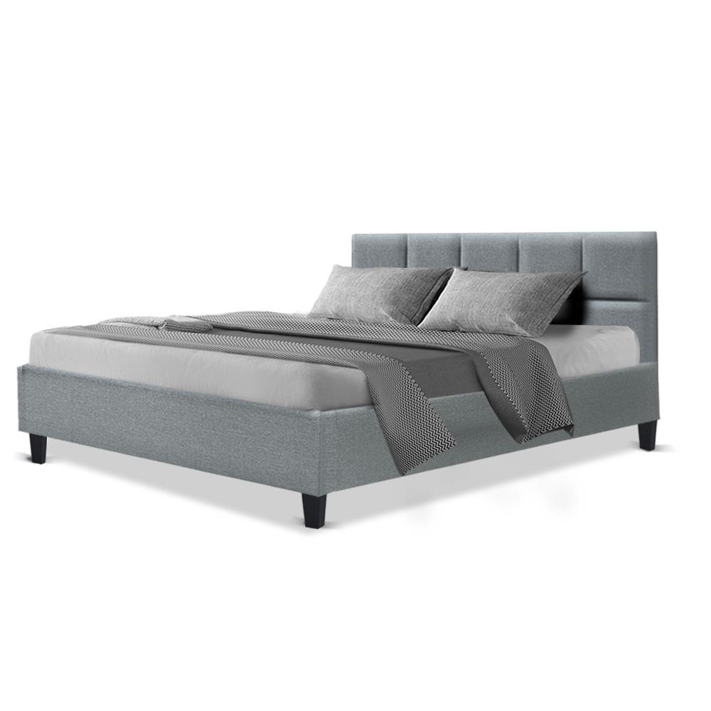 Artiss Tino Queen Size Bed Frame in Grey Fabric with plush headboard and solid wooden slats.