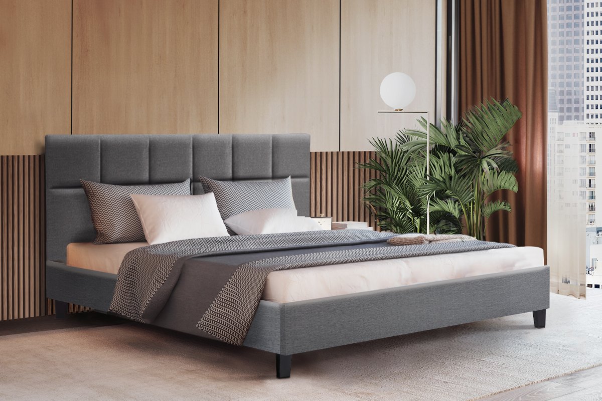 Artiss Tino Queen Size Bed Frame in Grey Fabric with plush headboard and solid wooden slats.