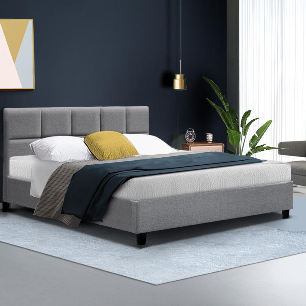 Artiss Tino Queen Size Bed Frame in Grey Fabric with plush headboard and solid wooden slats.